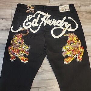 Ed Hardy Crawling‎ Tiger Jeans Mens 36 Black Denim 32' Inseam Slim Tapered NEW
